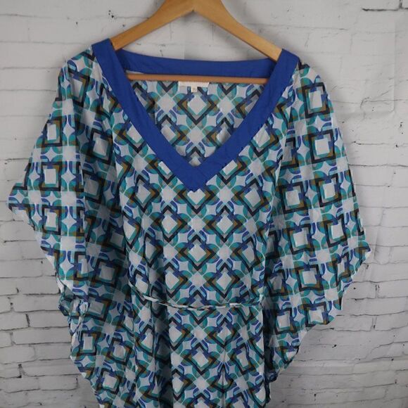 NEXT BEACHWEAR WHITE BLUE GREEN GOLD BLACK GEOMETRIC DESIGN KAFTAN COVER UP - Picture 4 of 13